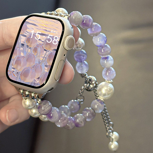 适用iWatch紫色人造水晶珍珠表带