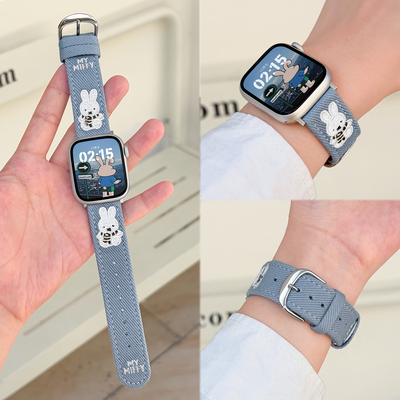 适用iwatch米菲兔牛仔真皮表带女