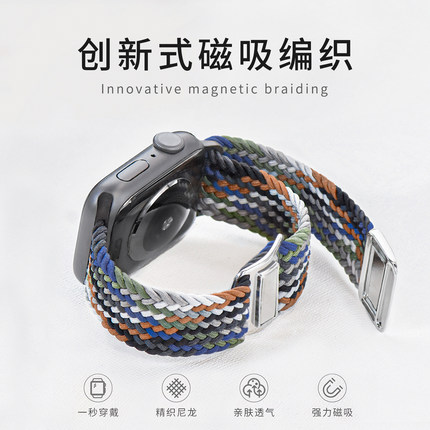 适用applewatch S9尼龙弹力表带iwatch s8/7/6/5/4/SE创意新款编织金属磁吸扣回环表带苹果手表运动表带男女