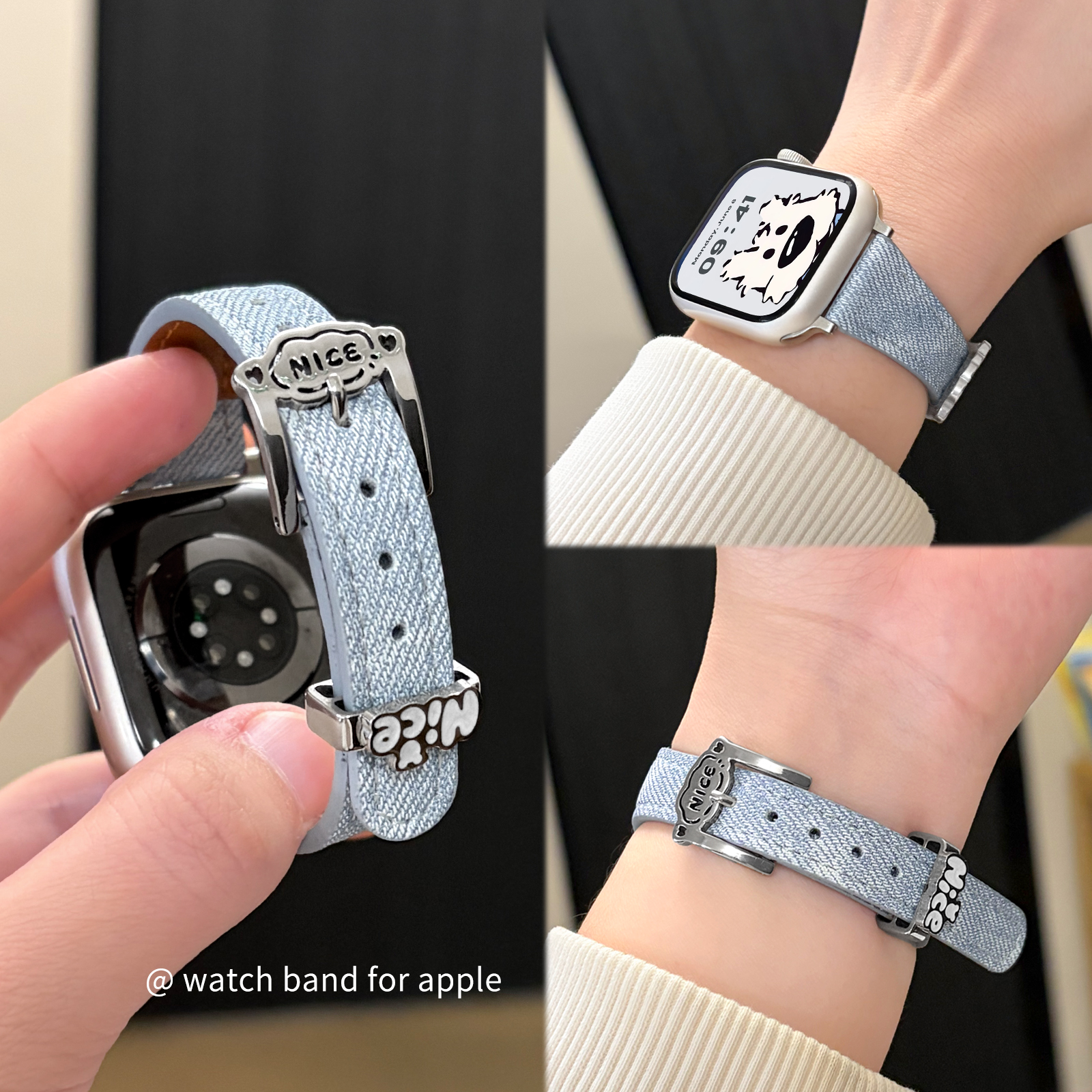 适用iwatch细款金属扣牛仔皮表带