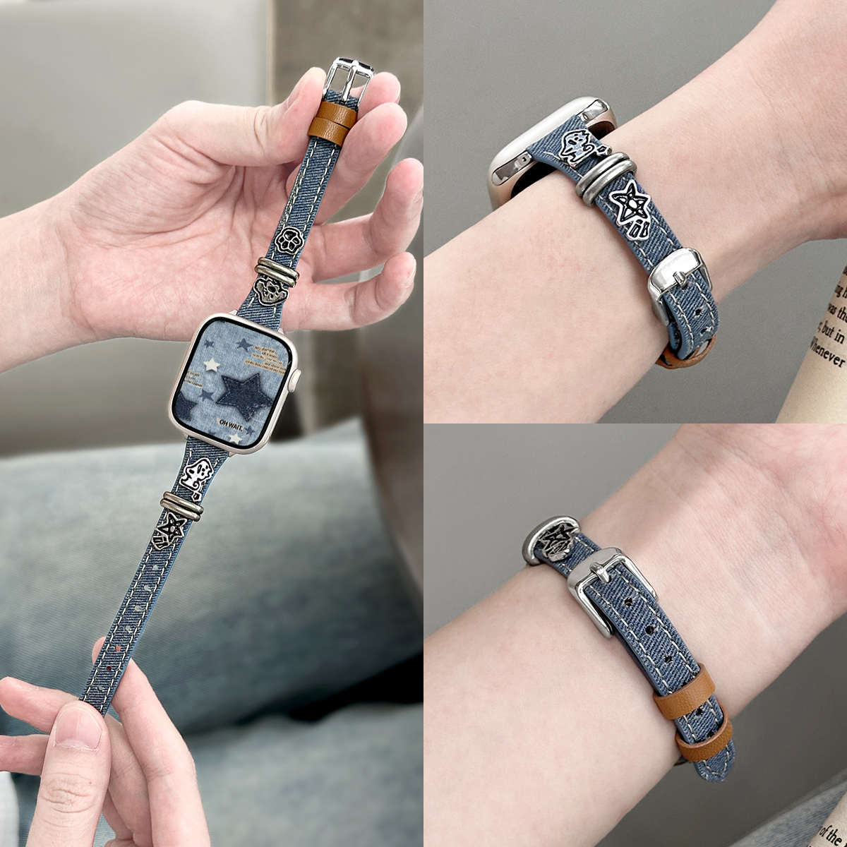 适用applewatch卡通小狗牛仔撞色皮质表带iWatchS10/9/8/7/6/se2复古做旧小蛮腰苹果手表ultra星星小众腕带女