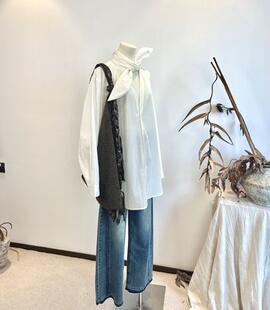 未定义-进口匹马棉设计师款领口绑带衬衫高级感衬衣领结纯棉衬衫