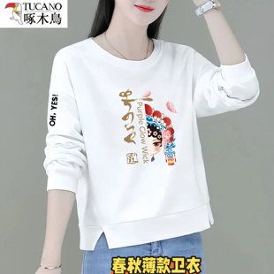 T恤女装 啄木鸟薄款 宽松显瘦圆领长袖 新款 纯棉卫衣女2025春秋季