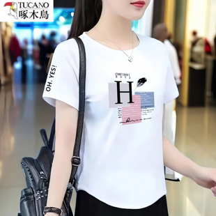 啄木鸟纯棉透气短袖 T恤女2025夏季 薄款 圆领印花显瘦凉快上衣女装