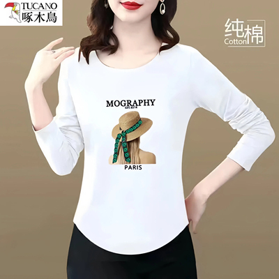 啄木鸟纯棉初秋T恤女长袖妈妈装