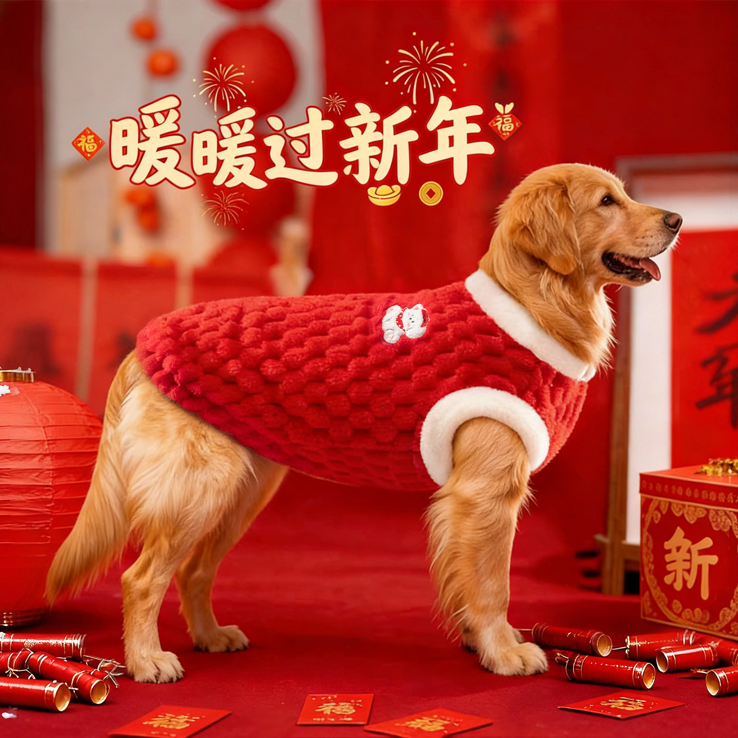狗狗衣服喜庆过年冬装新年绒衣加厚保暖边牧金毛中大型犬宠物背心