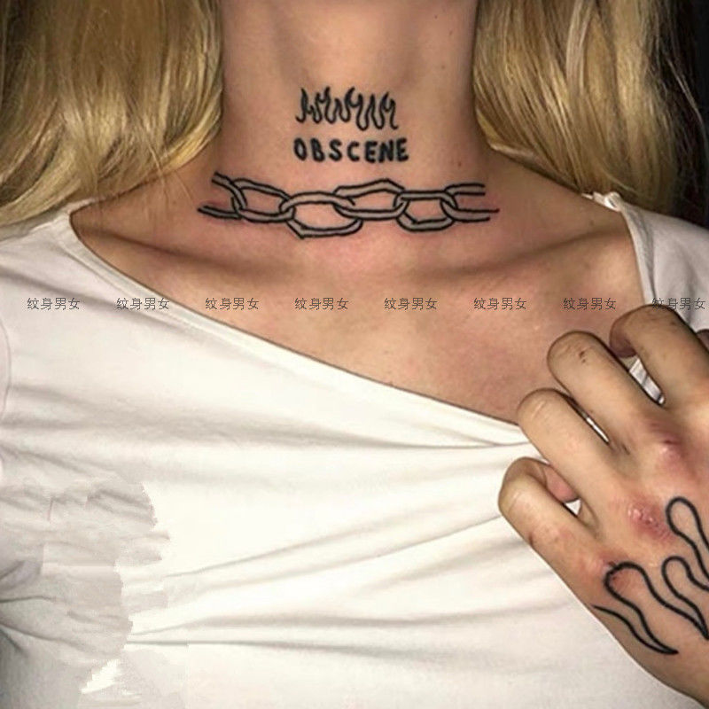 暗黑系脖子字母链条火焰逼真纹身贴