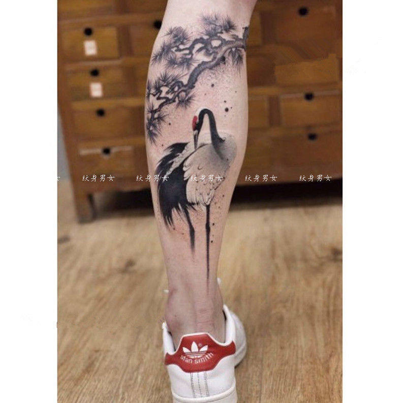 纹身贴防水持久男女原创手绘水墨风仙鹤大腿手臂花臂贴纸