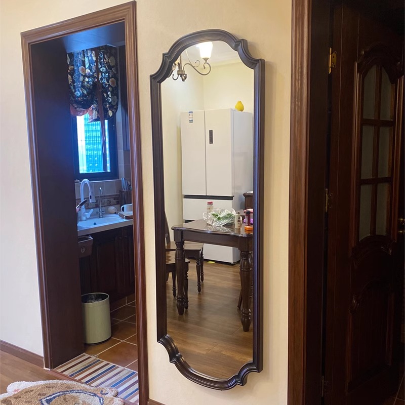 美式简约复古实木全身镜贴墙壁挂家用落地穿衣镜子法式挂墙试衣镜