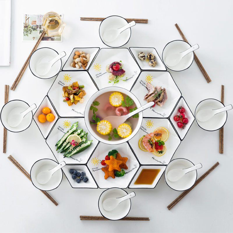 创意网红拼盘餐具团年饭家用陶瓷碗盘子子组合北欧风碗碟套装