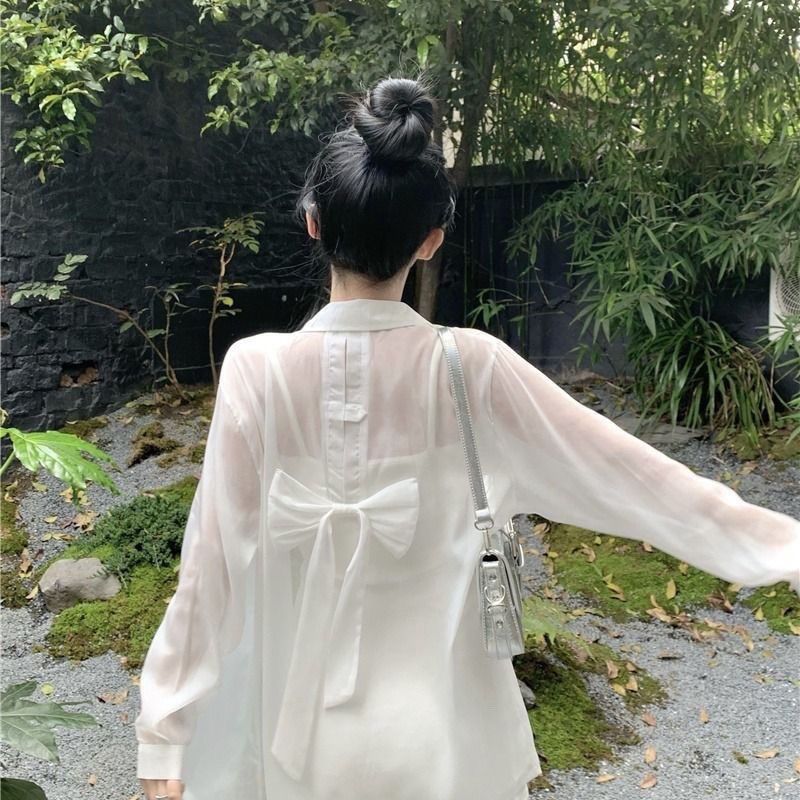 粉色蝴蝶结设计感雪纺衬衫新款甜美中长款开衫长袖防晒衣宽松设计