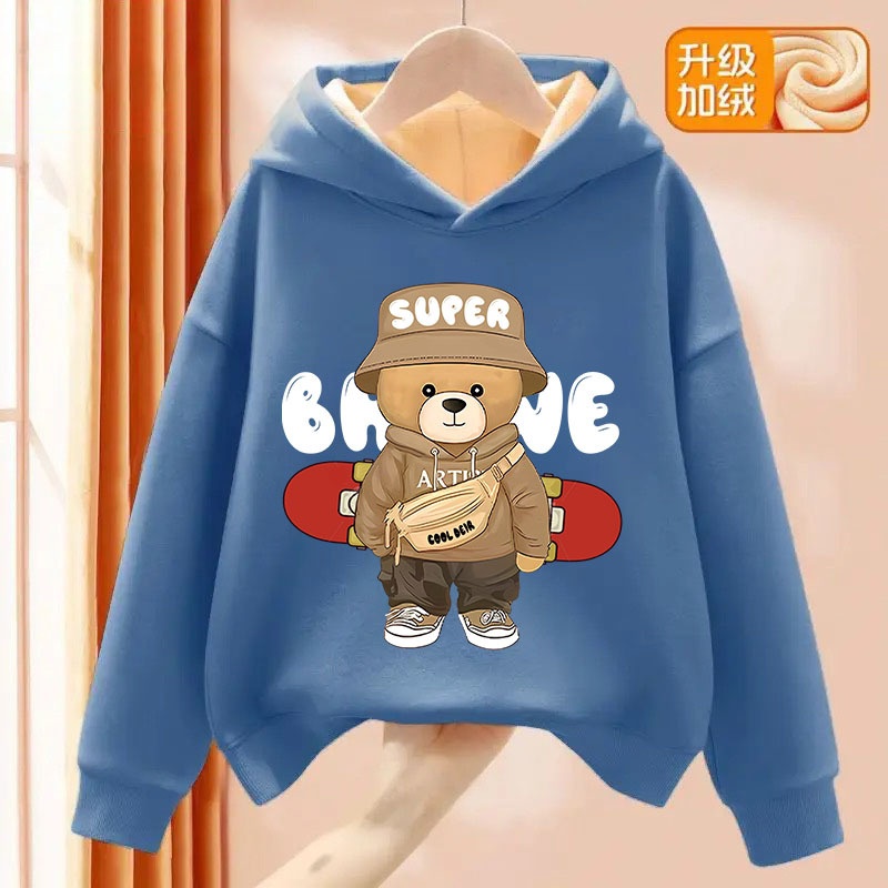 男童加绒2024冬季新款连帽百搭上衣儿童加厚保暖运动外穿卡通卫衣
