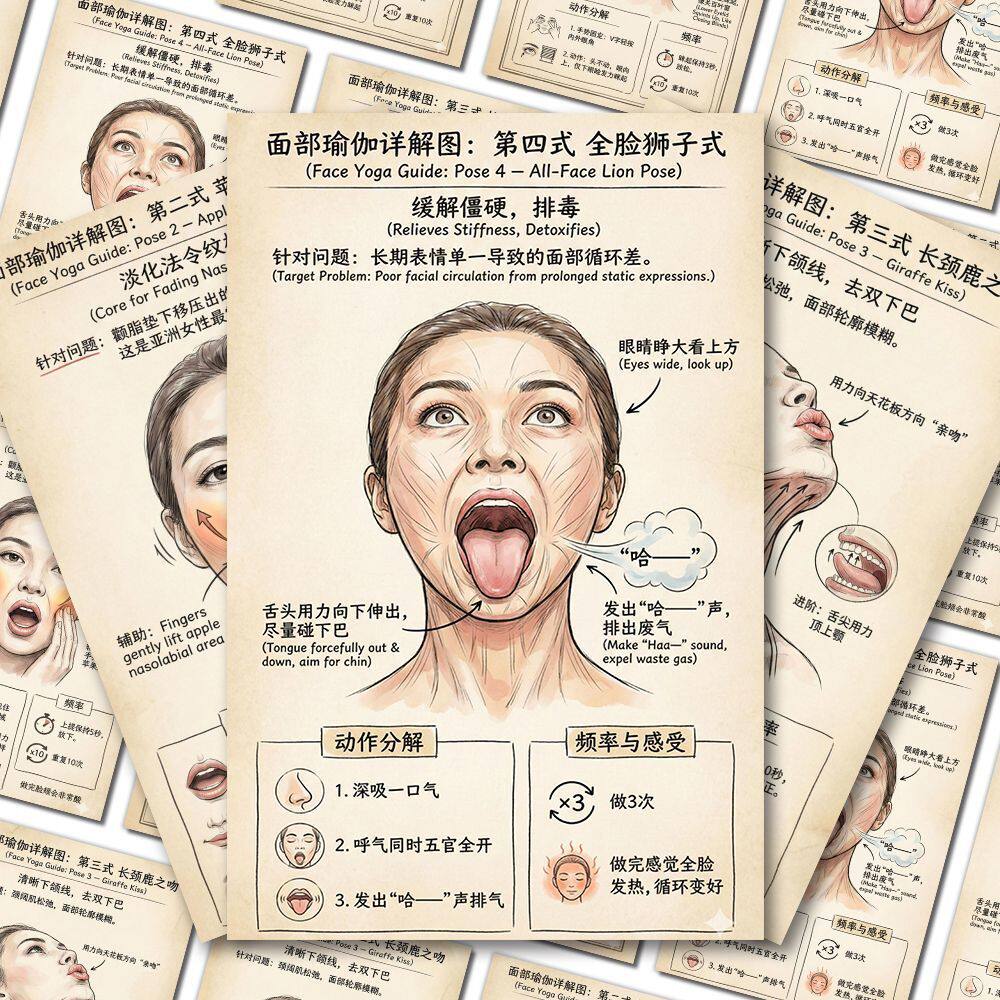 面部提升】面部瑜伽图解贴纸提升面部抗老清晰下颚线瘦脸紧致线贴