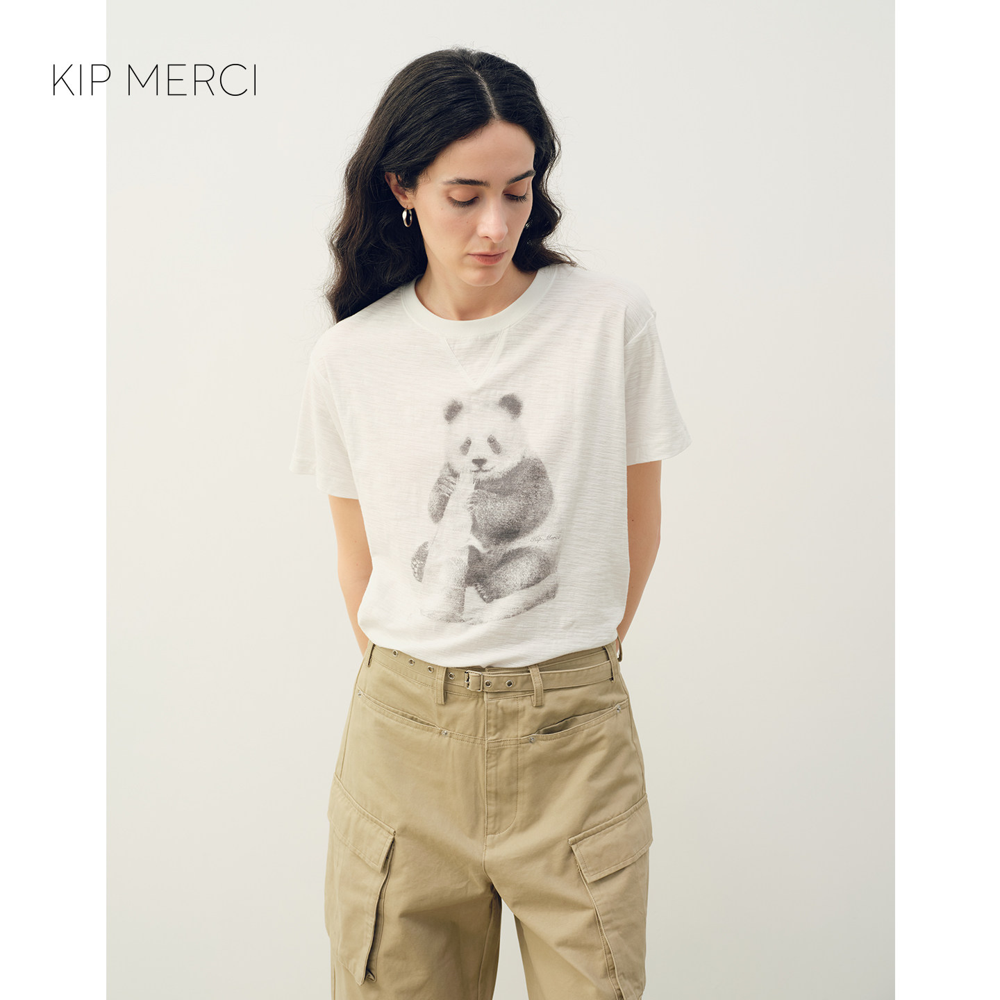 【现货】KIP MERCI 熊猫印花趣味T恤休闲慵懒竹节棉极简上衣女夏