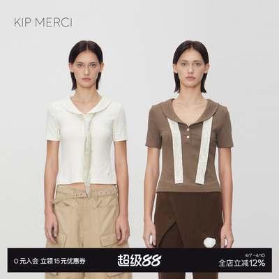 青果领飘带纯色设计感短袖T恤