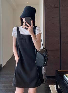 少女感 减龄xian瘦背带裙宽松中长连衣裙小黑裙女春夏新款F032905