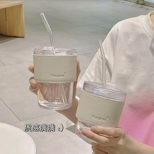 竹节杯带吸管玻璃杯咖啡杯女高颜值杯子家用喝水吸管杯水杯果汁杯