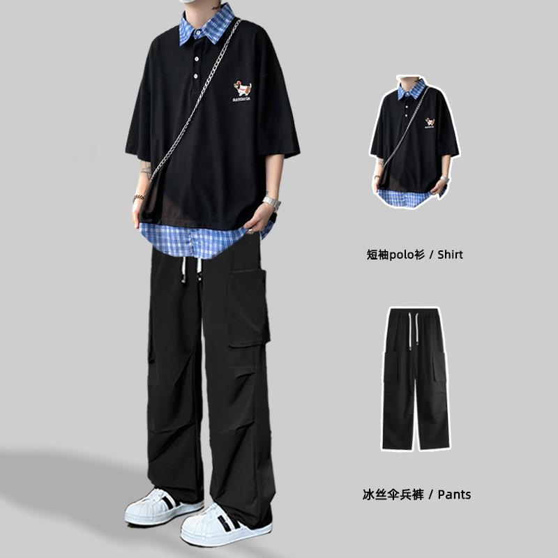 假两件短袖polo衫男夏季青少年男装一套搭配帅气学生潮流工装套装