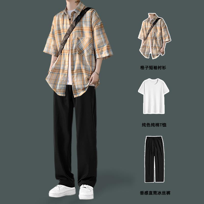 短袖格子衬衫男夏季潮流痞帅男装一套搭配冰丝裤帅气夏装休闲套装
