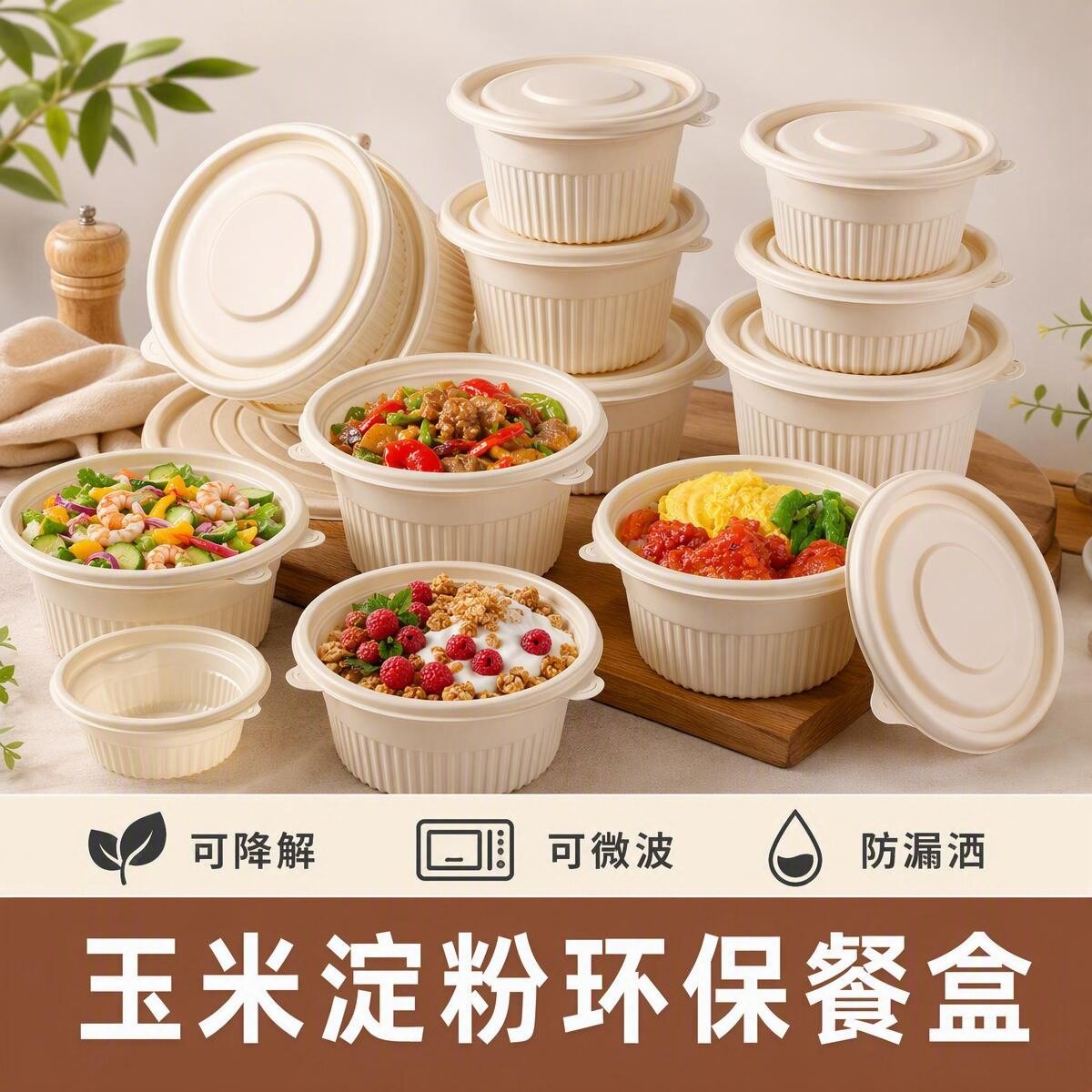 一次性圆形餐盒带盖可降解玉米淀粉基环保外卖打包盒防漏野餐盒子