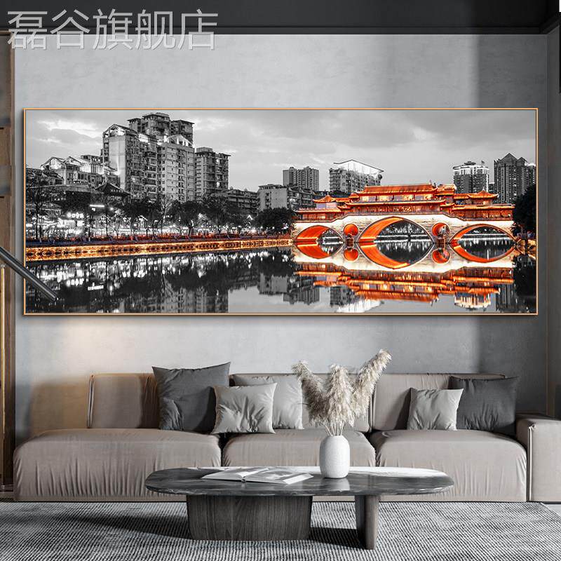 网红黑装饰画客挂厅沙发背市景墙大白型建筑城壁画室床头画工业风