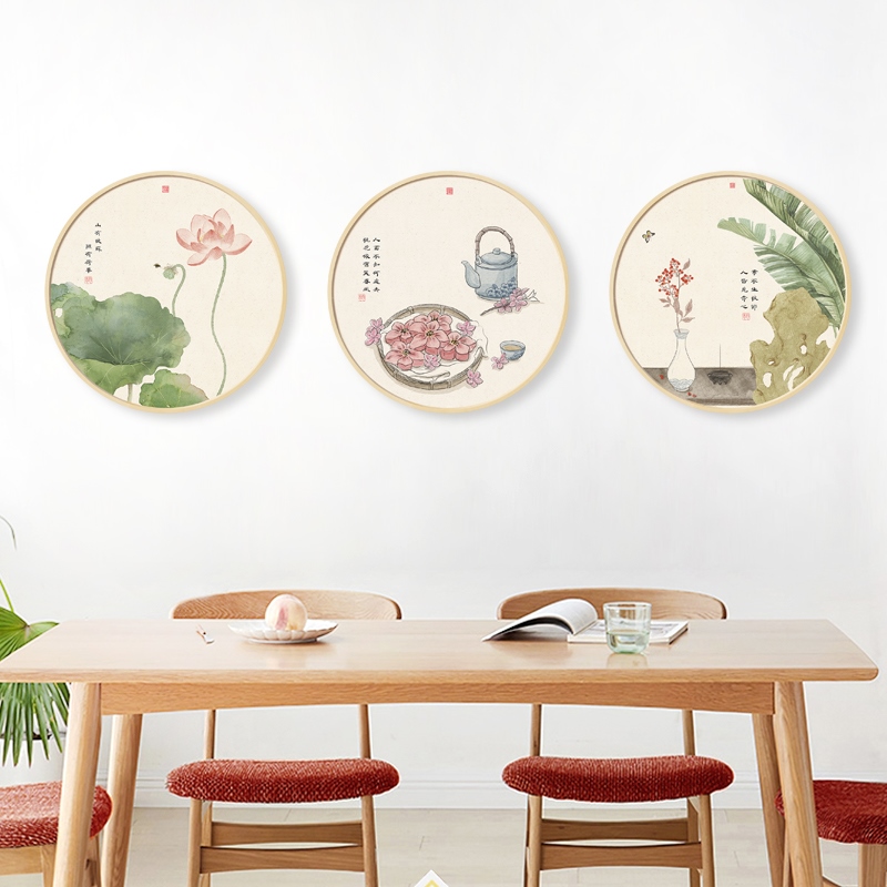 网红新中式茶室背景墙圆形实木框装饰画手绘清新图案挂画客厅玄关图片