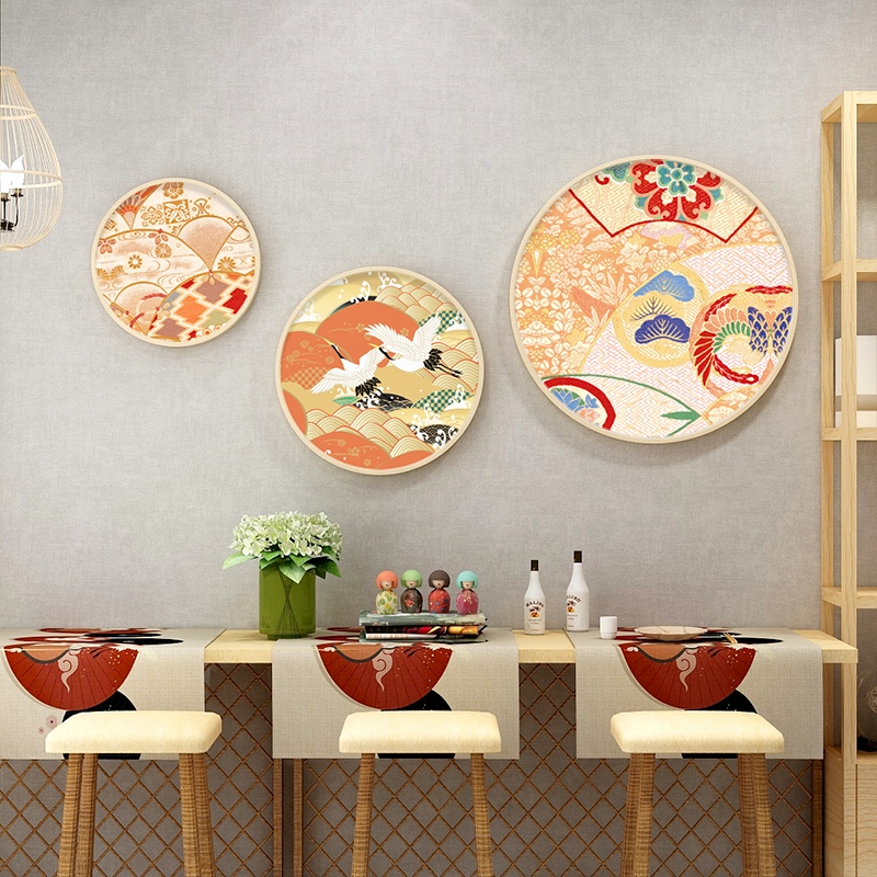 网红日式风格花纹挂画餐厅日本玄关装饰画圆形和风饭厅日料店墙壁图片