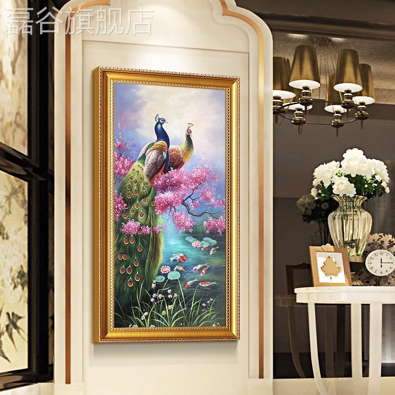 网红纯手绘欧式玄关油画竖版客厅装饰画餐走廊厅道挂画动物孔雀过图片