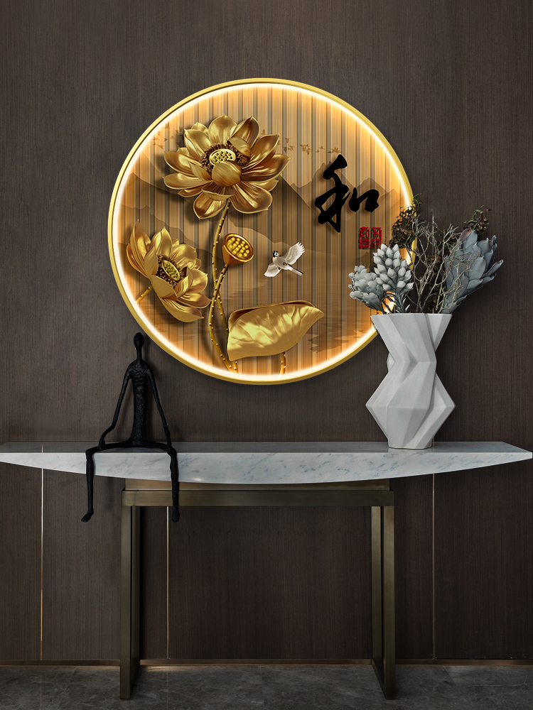 新中式玄关发光装饰壁画圆形LED灯画走廊过道墙面挂画九鱼图网红图片