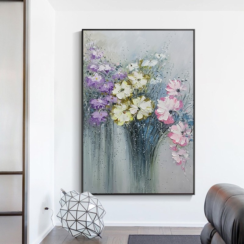 网红入户纯手绘油画花卉挂画原创玄关落地装饰画客厅背景墙温馨画