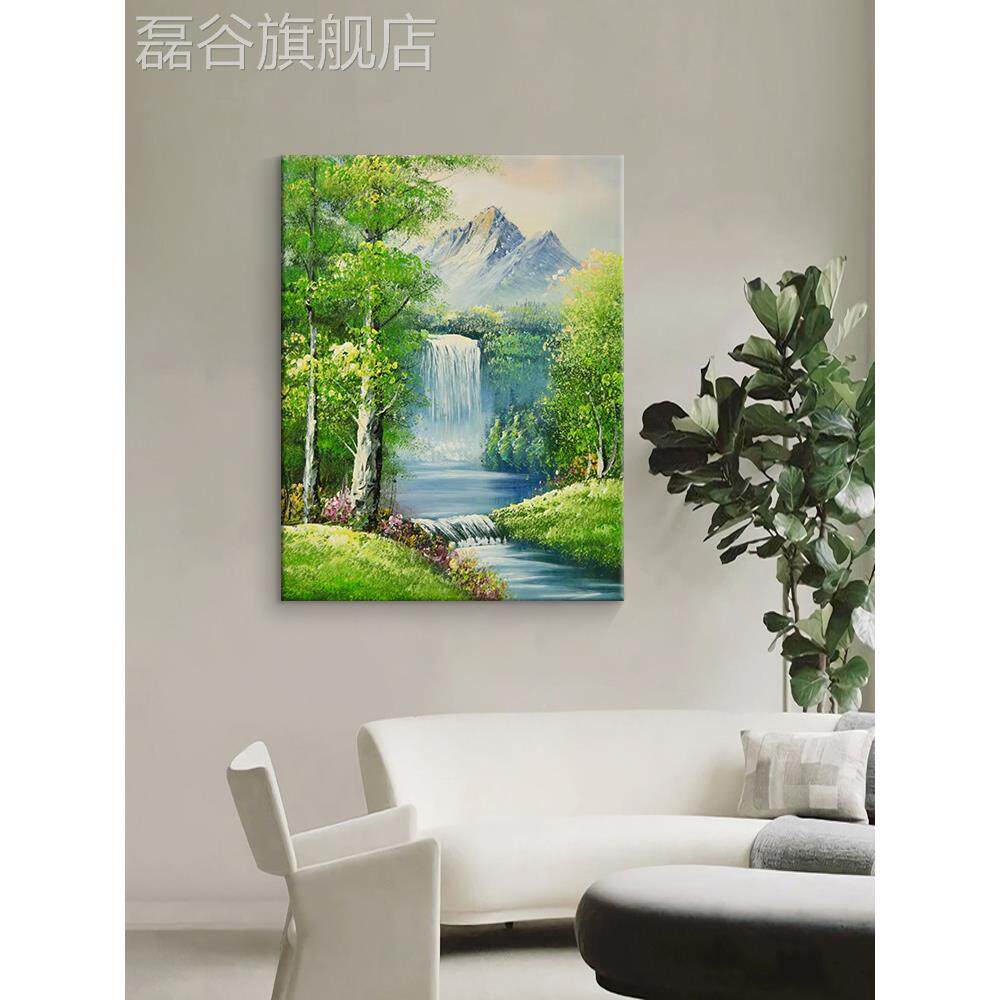 网红高山流水风景聚纯手油画布宝盆风水装绘饰画瀑画客厅挂玄关肌