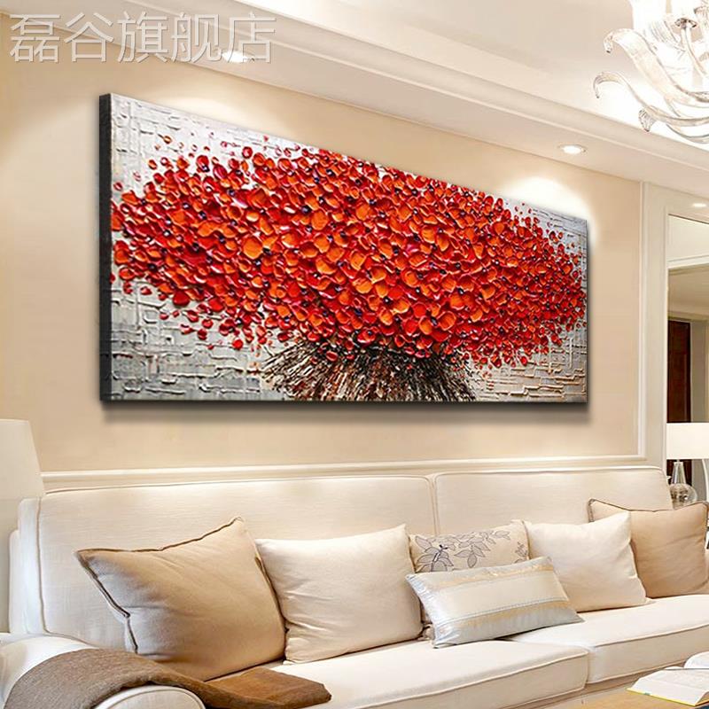 网红纯手工油抽画客厅头装饰画横画版手绘象壁画卧室床挂画无框发图片