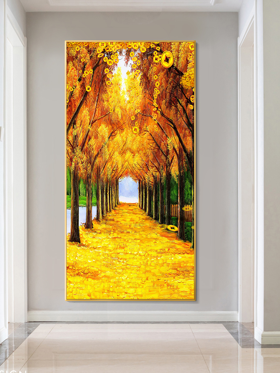 黄金大道玄关画招财树现代简约装饰壁画走廊过道挂画竖版大气网红