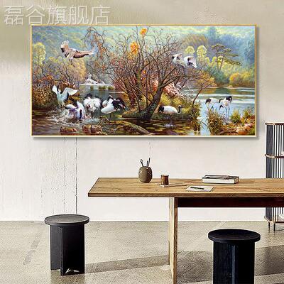 网红仙鹤山风景绘客厅油画手画新轻中式沙景发水背挂画画简约奢办