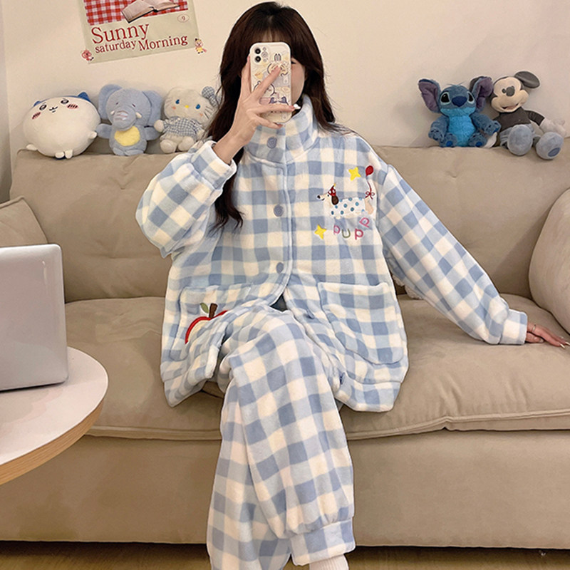 珊瑚绒睡衣女秋冬季冬款卡通休闲可外穿加厚法兰绒家居服冬天加绒