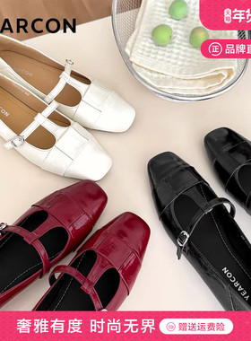 意尔康真皮浅口玛丽珍鞋2025秋季新款方头单鞋红色鞋子复古小皮鞋