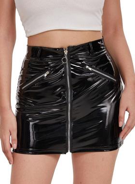 High gloss patent leather sexy open crotch hip skirt short