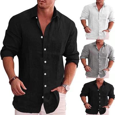 men shirt casual sleeve long lapel linen shirt color solid