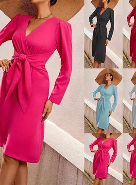 women for dress mid-length belt color solid zipper V-neck