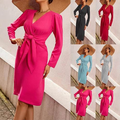 women for dress mid-length belt color solid zipper V-neck