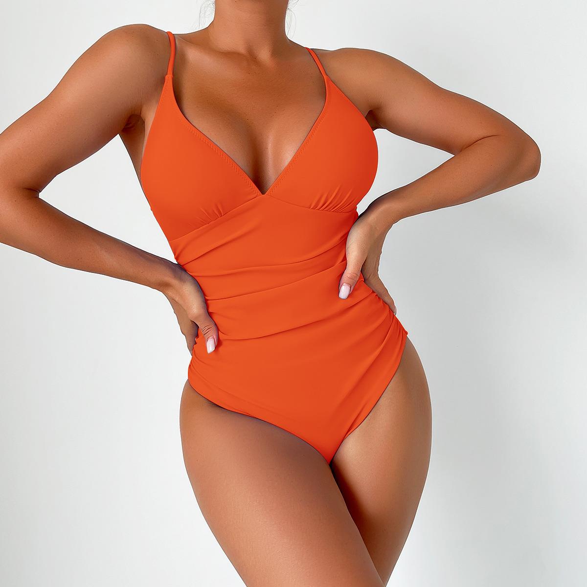 One-piece swimsuit for women deep V solid color sexy