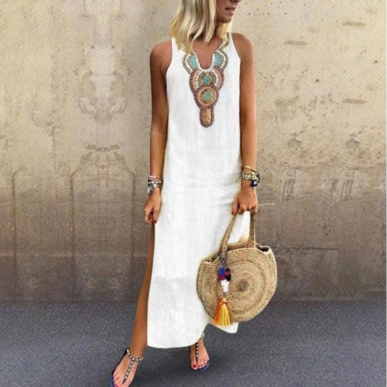 Women for Dress Long V-neck Sleeveless Sexy Bohemian Linen
