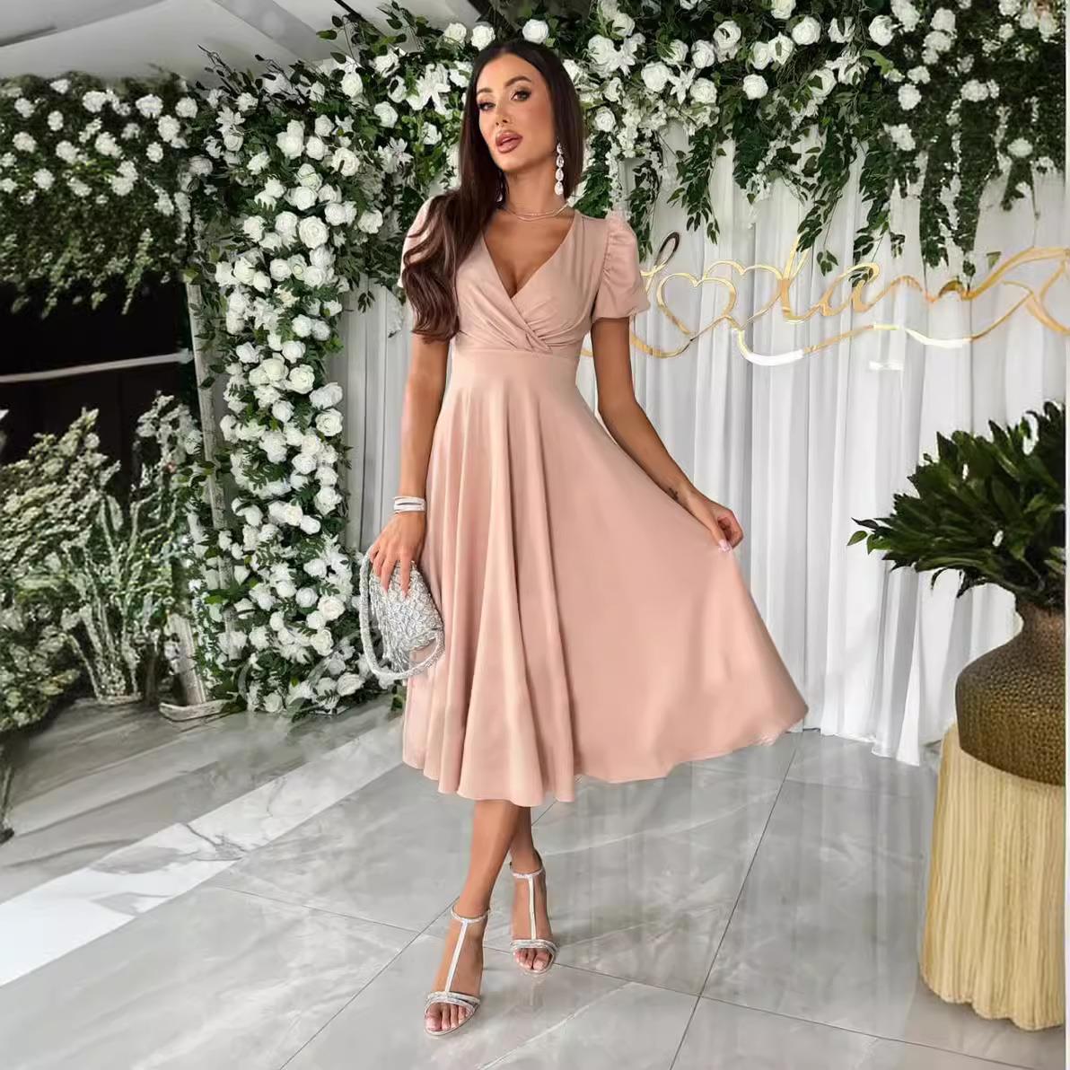 Commuter solid color deep V-neck waist sleeve wide swing