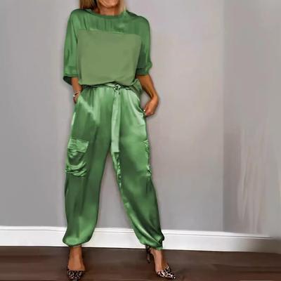 suit and Fashionable satin set half-sleeved smooth womens