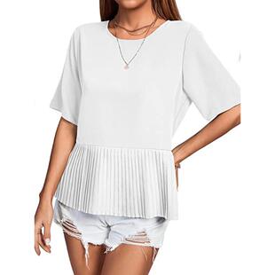 neck sleeve womens short Summer loose pleated round hem