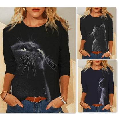 T-shirt Sleeve Long Neck Round Pullover Cat Black T-shirt