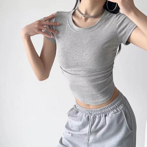 Pleated ant waist arc edge short T-shirt for women hot girl