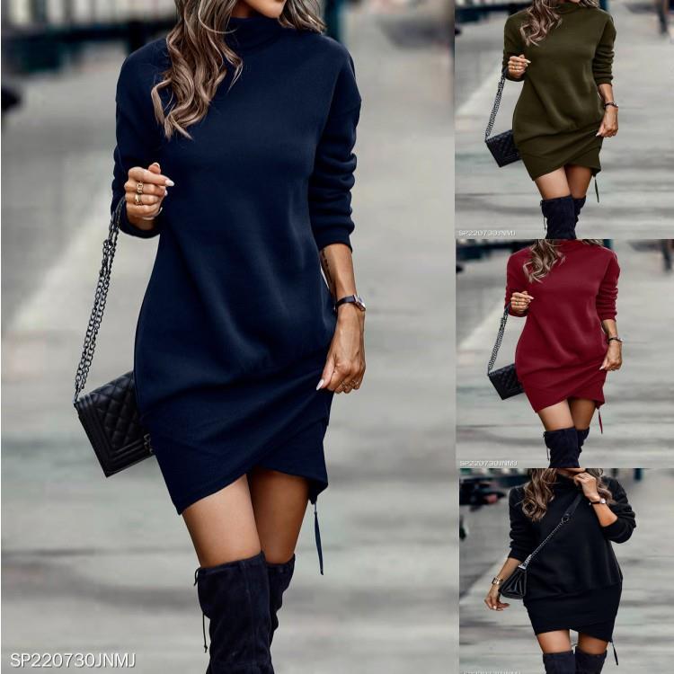 Solid color high collar long sleeve cross hem short