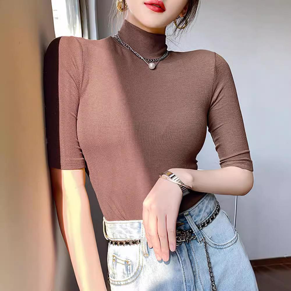 top T-shirt mid-sleeved with shirt bottoming high-collared