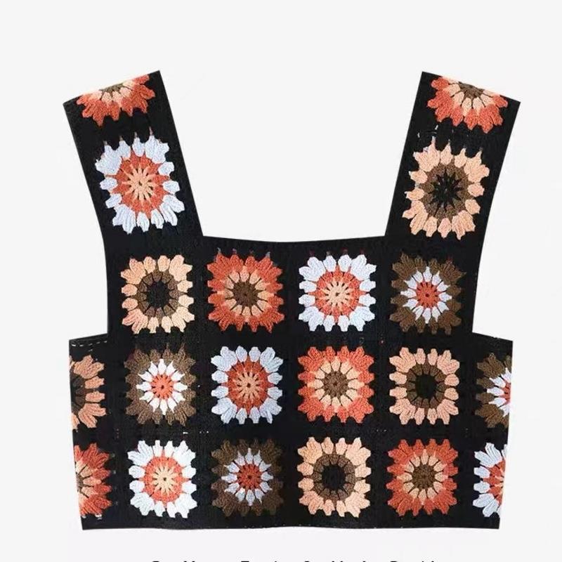 collar embroidery hollow contrast square sling short womens